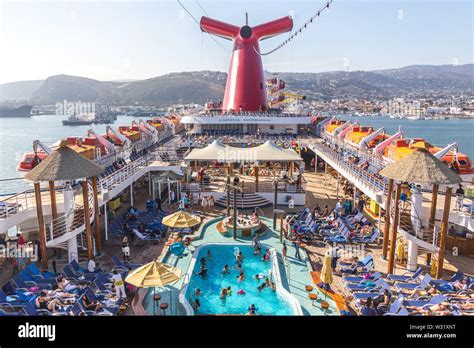 ENSENADA, MEXICO - MAY, 31, 2015: An aerial view of a cruise ship Carnival Inspiration pool area ...