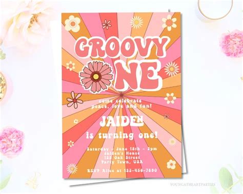 Groovy One Birthday Party Invitation Template Peace Love - Etsy