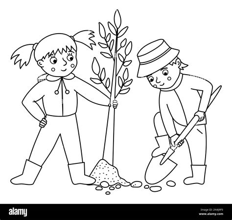 Vector black and white children planting tree illustration. Cute outline kids doing garden work ...