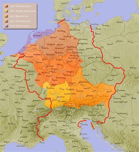 Linguistic map of Old High German (Alemannic & Bavarian), Old Frankish, Old Saxon, and Old ...