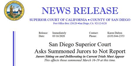 San Diego Superior Court Asks Summoned Jurors to Not Report