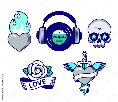 set of various tattoo old style rock music and love stickers. engrave ...