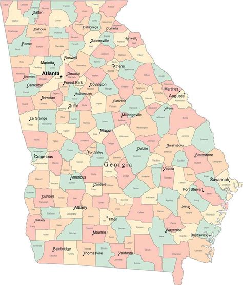 Multi Color Georgia Map with Counties, Capitals, and Major Cities