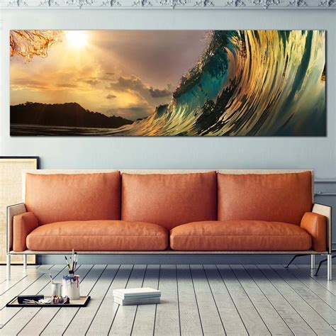 Beach Wave Canvas Wall Art, Yellow Clouds Sunset With Wave Panorama Ca – Dwallart