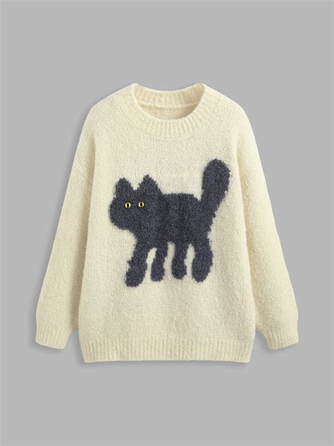 Fall Sweater Knit Fabric Wool-blend Round Neckline Cat Knitted Long ...