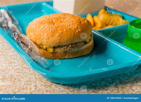 School Lunch Tray Cheeseburger Stock Image - Image of dessert ...