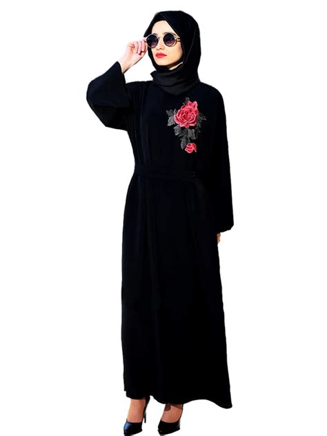 Muslim Women Elegant black hooded Abaya Dress Embroidery Flower Maxi Burka Islamic Robe Turkey ...