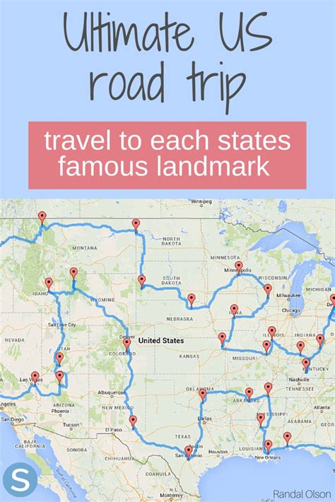 This road trip map will take you to landmarks in all 48 contiguous states | Road trip map, Us ...