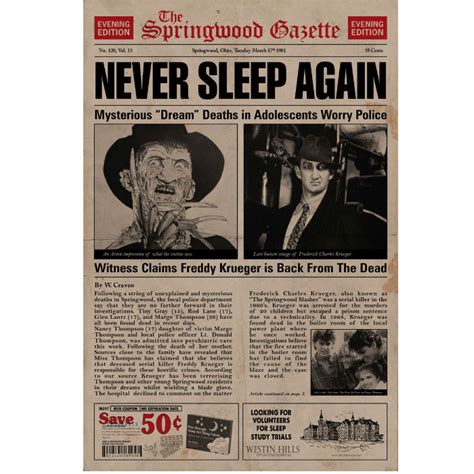 Nightmare on Elm Street Mysterious Dream Deaths Newspaper Mini Poster ...