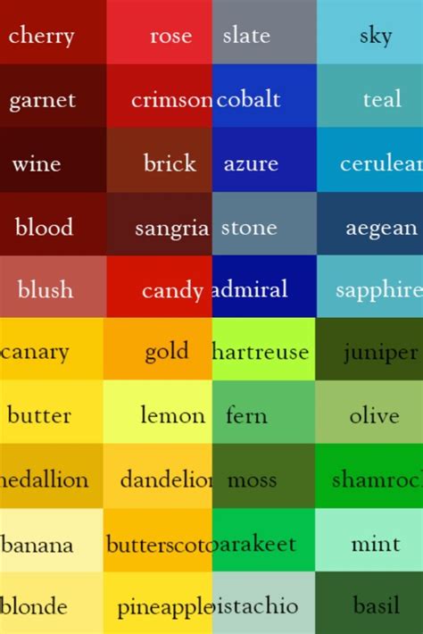 Here's a handy list of colour names to use. Dark Pink, Dark Red, Unique Colors, All The Colors ...