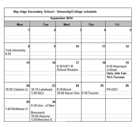 6+ Sample College Schedule Templates | Sample Templates