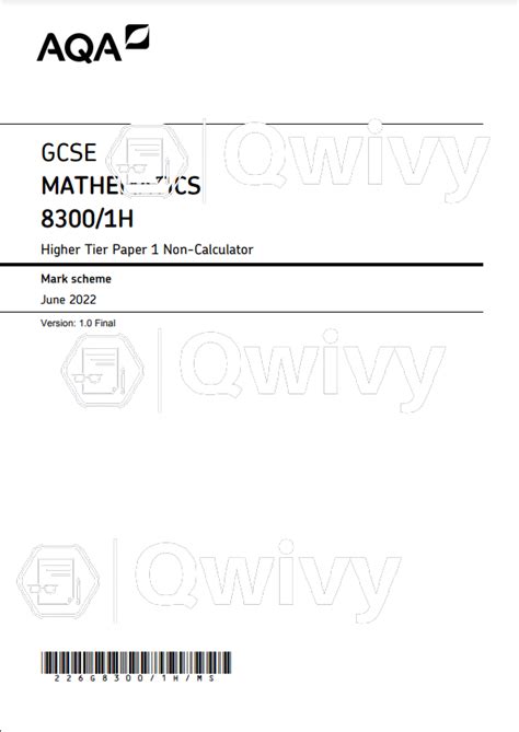 AQA GCSE MATHEMATICS 8300/1H | Higher Tier Paper 1 Non-Calculator | Mark scheme June 2022