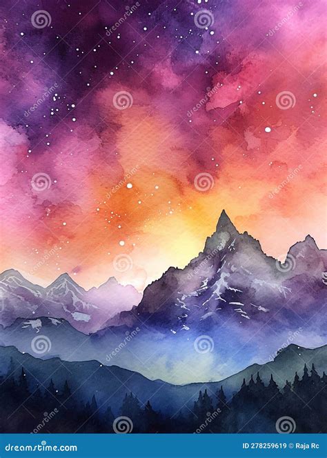 Sunset Over the Mountains - Watercolor Painting Stock Illustration ...