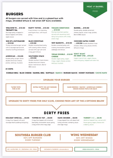 Meat and Barrel Southsea's full menu online