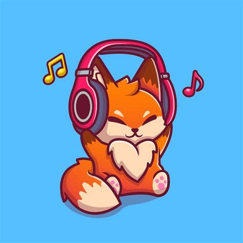 Premium Vector | Cute fox listening music with headphone cartoon icon illustration. animal music ...