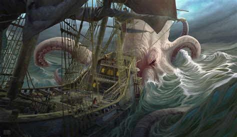 tentacles, ship, Kraken, fantasy art, HD Wallpaper | Rare Gallery