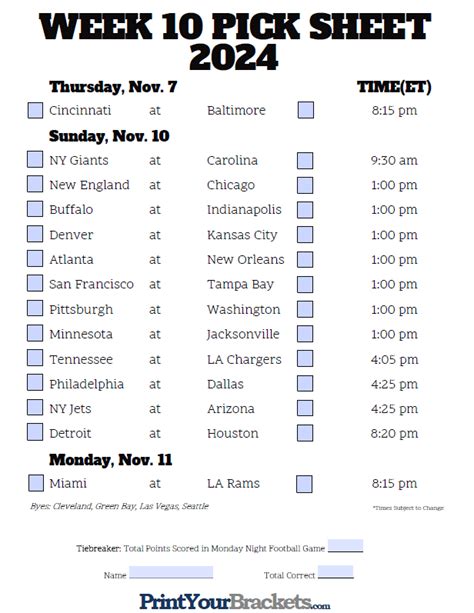 Fillable Week 10 NFL Pick'em Sheet - 2024