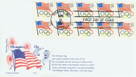 2528a FDC - 1991 29c Flag w/Olympic Rings,bklt pn 10 - Mystic Stamp Company