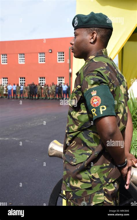 A member of the Barbados Defence Force stands at parade rest during the ...