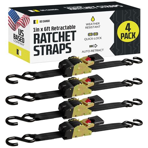 "DC Cargo Retractable Ratchet Straps with Hooks, 4 Pack, 1""x 6', 500 lbs WLL" - Walmart.com