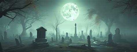 a halloween cemetery and graveyard with a full moon, in the style of dark turquoise and light ...