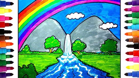 How to Draw a Rainbow with waterfall for kids_draw Scenery with color pens step by step - YouTube