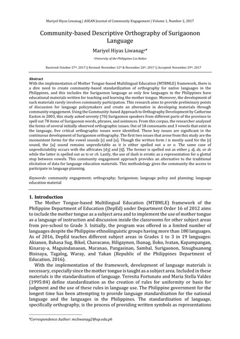 (PDF) Community-based Descriptive Orthography of Surigaonon Language