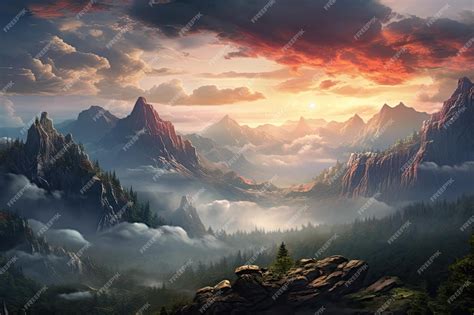 Premium AI Image | A mountain landscape with mountains and clouds.