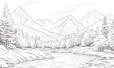 A Pencil Drawing of a River and Mountains Stock Illustration ...