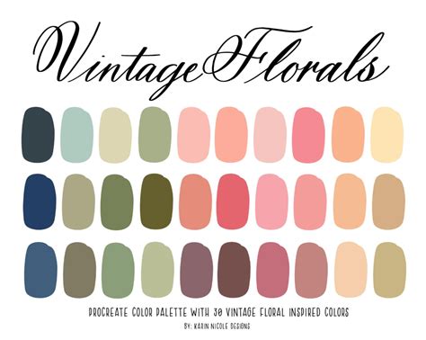 Vintage Florals Color Palette for Procreate, Blue and Pink Swatches for Ipad, Digital Art ...