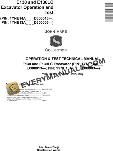 John Deere E130 E130LC Excavator Operation Test Technical Manual TM14152X19