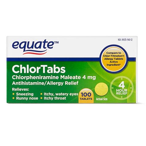 Equate Allergy Relief Chlor-Tabs Antihistamine Tablets Chlorpheniramine ...