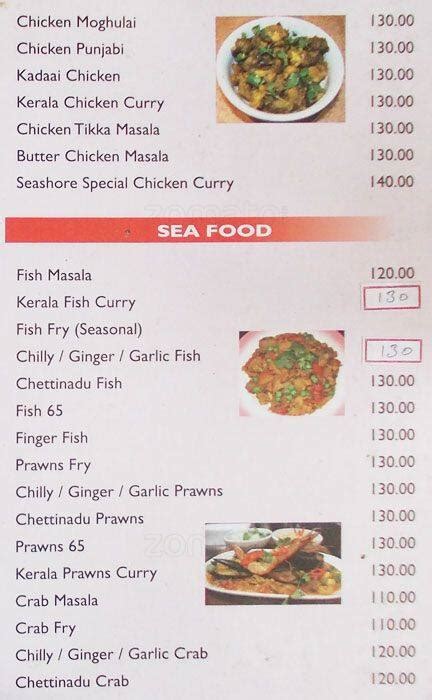 Menu at Sea Shore, Chennai, 90 Greenways Road