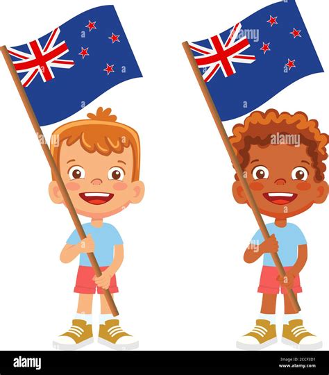 New Zealand flag in hand. Children holding flag. National flag of New ...