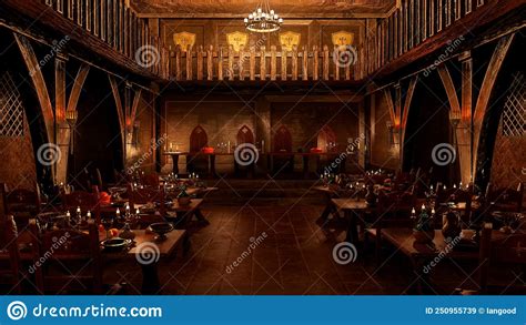 3D Illustration of Medieval Great Hall Dining Room with Tables Set for ...