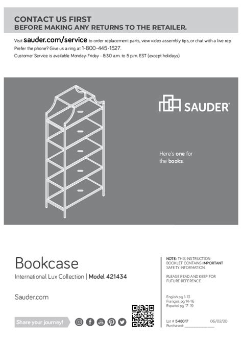 Sauder International Lux Bookcase Assembly Instructions