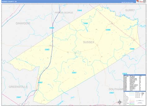 Sussex County, VA Zip Code Wall Map Basic Style by MarketMAPS - MapSales.com