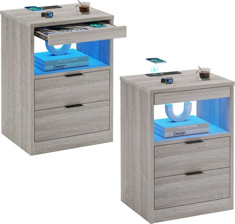 Amazon.com: ADORNEVE LED Nightstands Set of 2, Grey Nightstand with ...