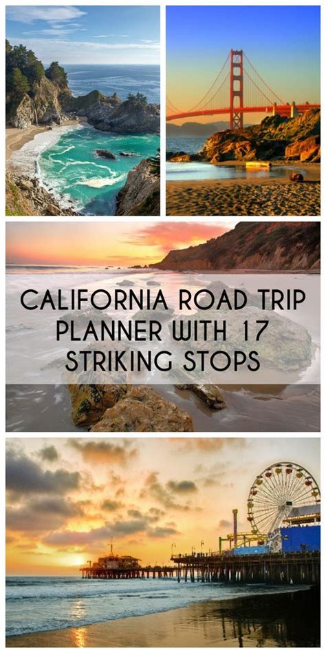 the california road trip planner with 7 striking stops on it's side ...