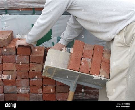 Close up of hod carrier loading facing bricks on house building site Stock Photo: 1136085 - Alamy