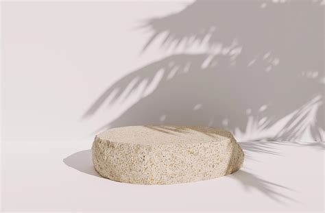 Solitary rock for product presentation on white background with shadows of palm leaves, 3d ...