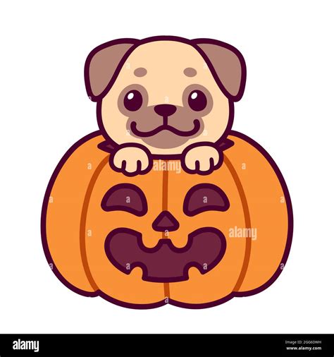 Trick or Treat. Cute cartoon Pug in Halloween pumpkin. Kawaii dog drawing, funny vector ...