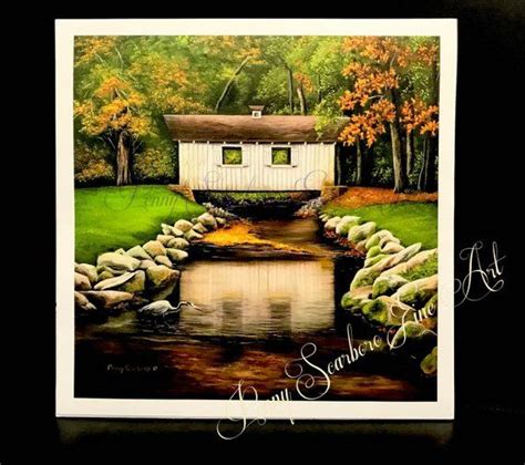 Reproduction print from a painting of a bridge over a creek as the fall colors set in ...