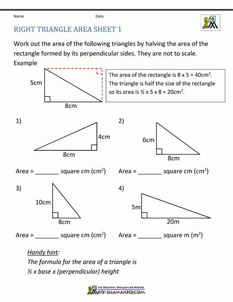 Finding The Area Of A Right Angled Triangle Worksheet - Angleworksheets.com