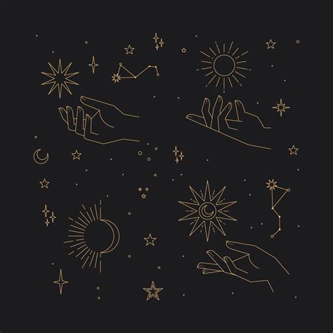 Astral stars linear icons. Mystic symbols, hands, planets, suns and moons. 13789826 Vector Art ...