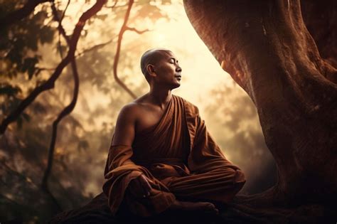 Premium AI Image | A monk meditating in front of a tree with the sun ...