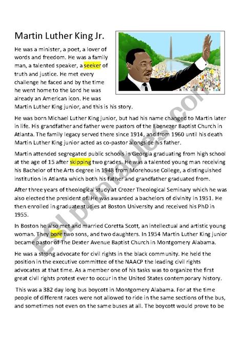 Reading Comprehension Worksheets Martin Luther King Jr