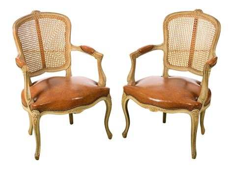 Louis XV Style Cane Back Fauteuil Chairs W/ Leather Seats- a Pair | Chairish | Chair, Leather ...