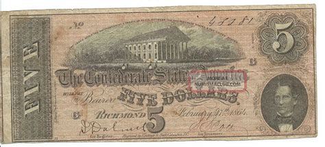 1864 Confederate States Of America Csa Five Dollar $5 Note; Richmond