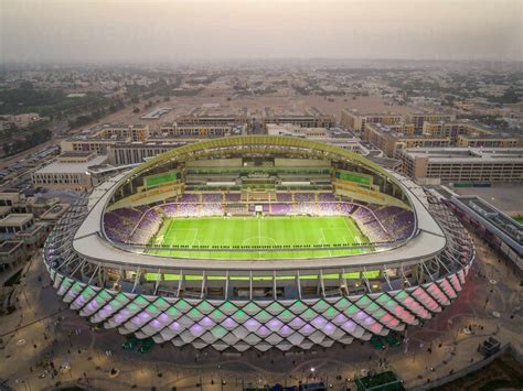 Aerial view of multicoloured Hazza bin Zayed Stadium in Abu Dhabi, UAE. stock photo